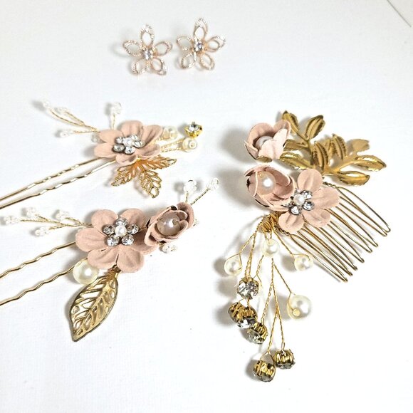 Pink Flower Wedding Hair Comb, Bridal Flower Hairpins rose gold colored earrings - Picture 2 of 5